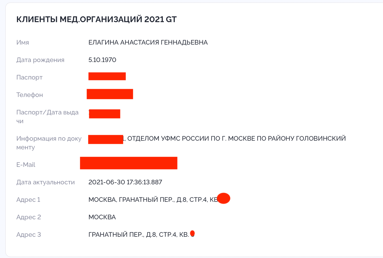 Адрес Елагиной в утечке медорганизаций
